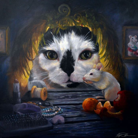 Original oil painting of a cat looking at a mouse by artist Stephanie Weaver - Custom Oil Pet Portrait